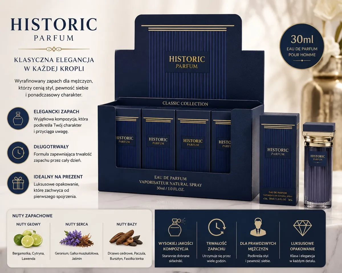 Granatowy flakon perfum Historic Parfum 30ml z luksusowym opakowaniem i zestawem w kartonie