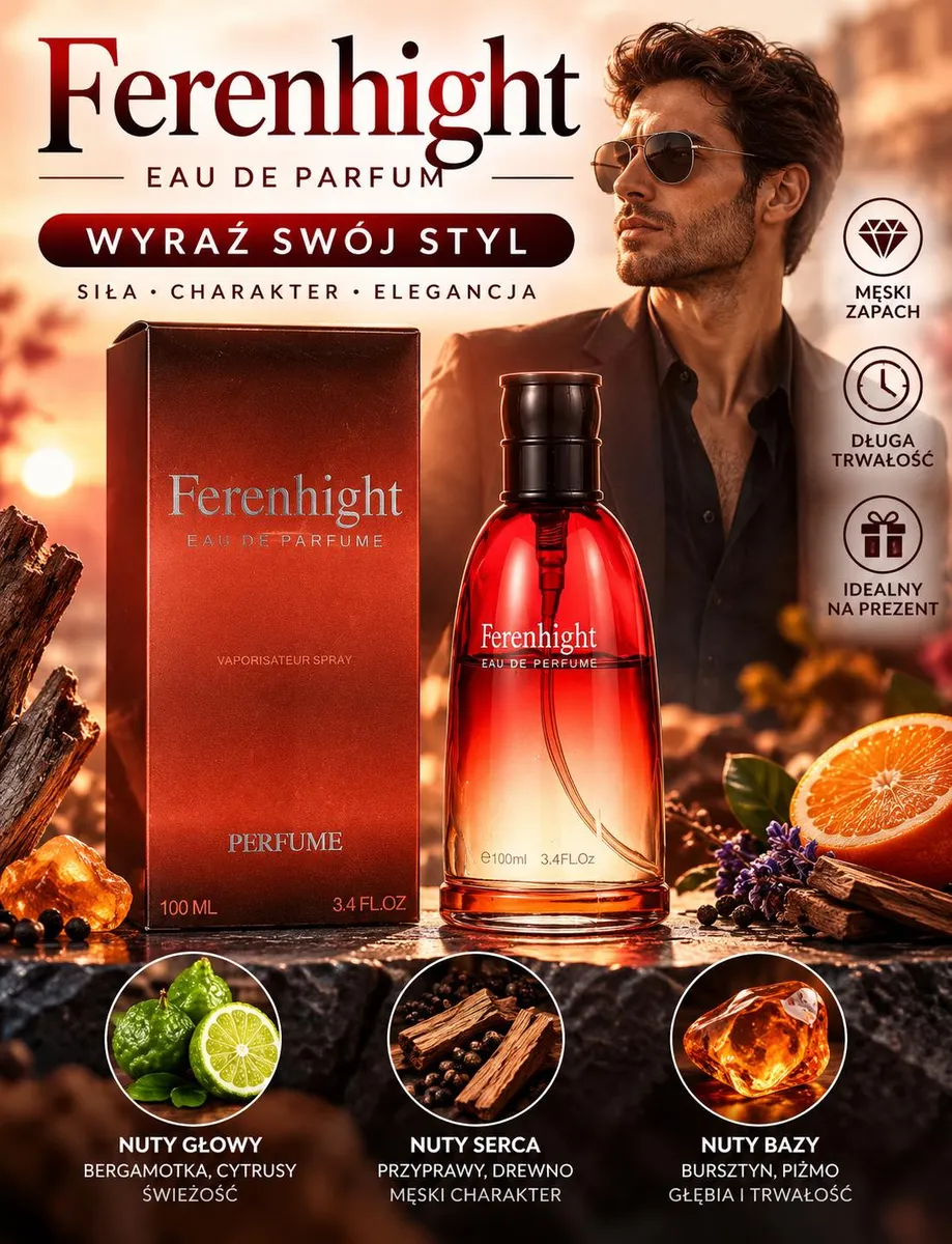 Ferenhight perfumy męskie 100 ml z nutami bergamotki i bursztynu