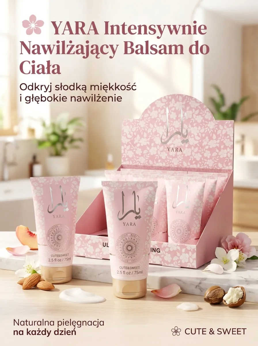 Różowy balsam do ciała Yara 75ml w tubce z kwiatowym wzorem i srebrnym napisem, stojący na blacie z kwiatami i orzechami