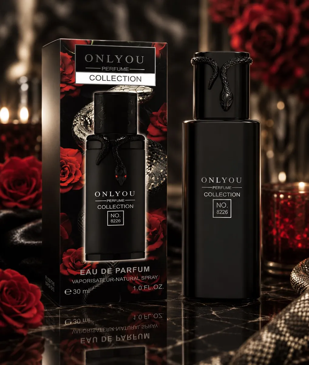 Czarny matowy flakon perfum OnlyYou z dekoracyjnym wężem i opakowanie z czerwonymi różami