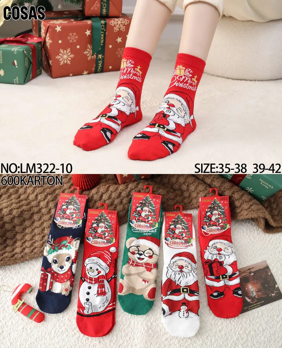 Czerwone skarpetki z nadrukiem Mikołaja i napisem Merry Christmas oraz inne wzory świąteczne