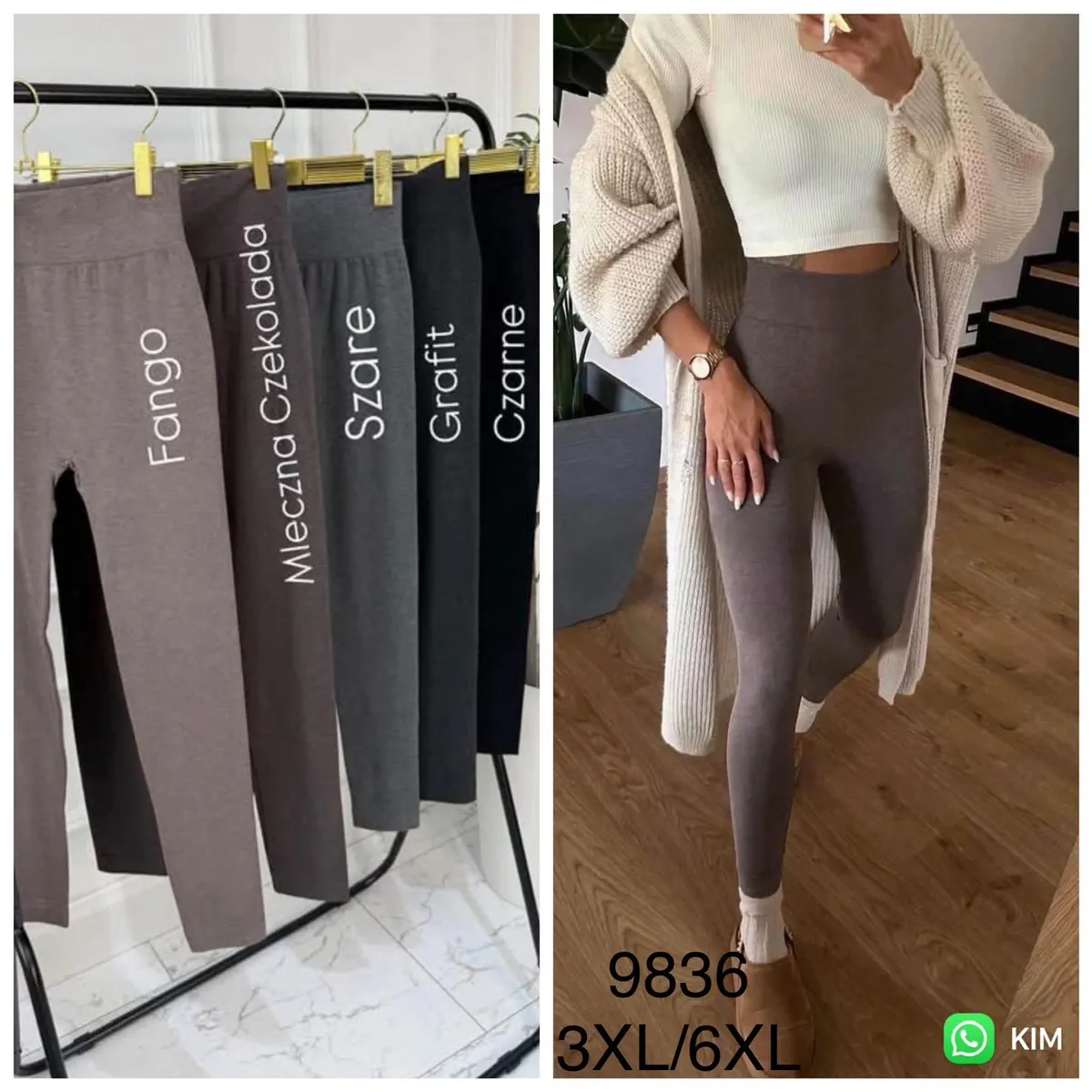 Legginsy damskie w kolorze Fango na modelce oraz różne kolory legginsów na wieszaku