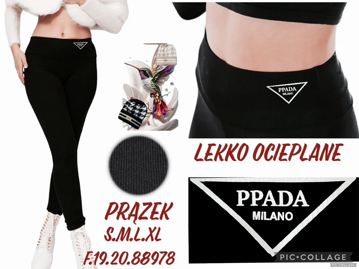 Czarne legginsy damskie lekko ocieplane z prążkowanego materiału z naszywką PPADA MILANO