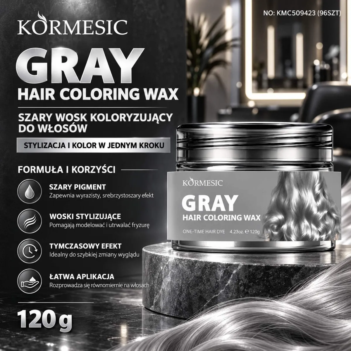 Szary wosk koloryzujący do włosów Kormesic w plastikowym słoiku 120g na marmurowej podstawce