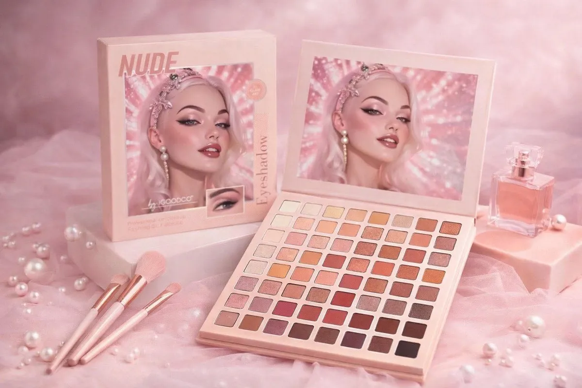 Paleta cieni do powiek NUDE z 72 odcieniami w jasnoróżowym opakowaniu z lusterkiem i grafiką kobiecej twarzy