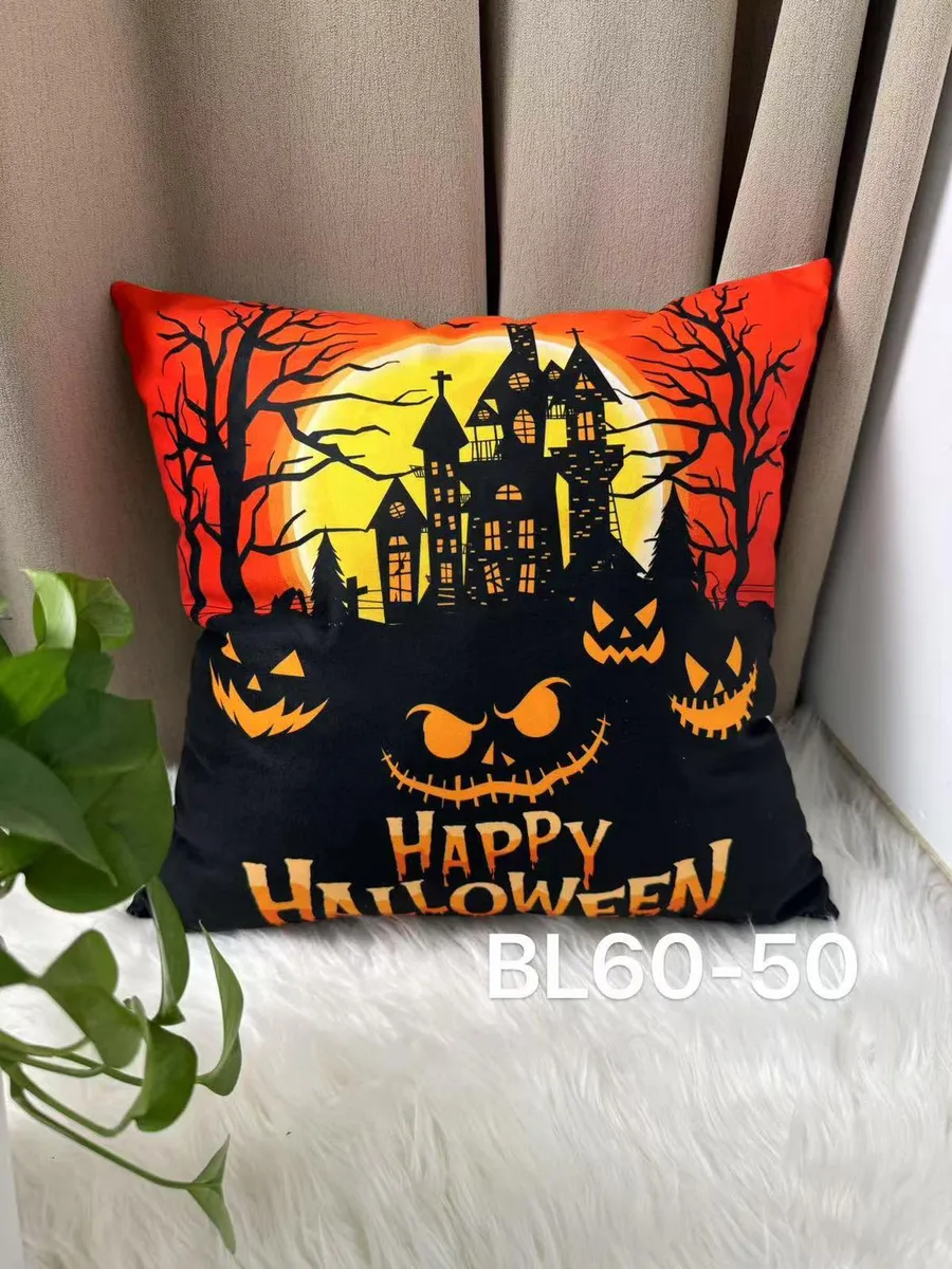 Poszewka na poduszkę z motywem halloweenowym, czarno-pomarańczowa z nawiedzonym domem i dyniami