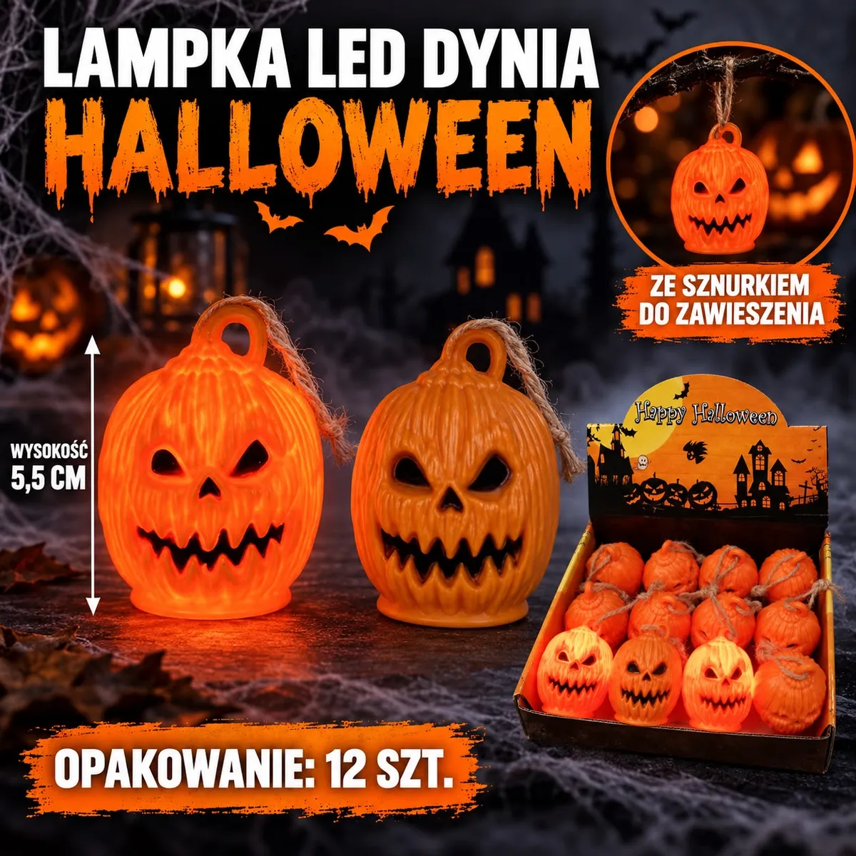 Pomarańczowa lampka LED w kształcie dyni Halloween z czarnymi wycięciami i sznurkiem do zawieszenia