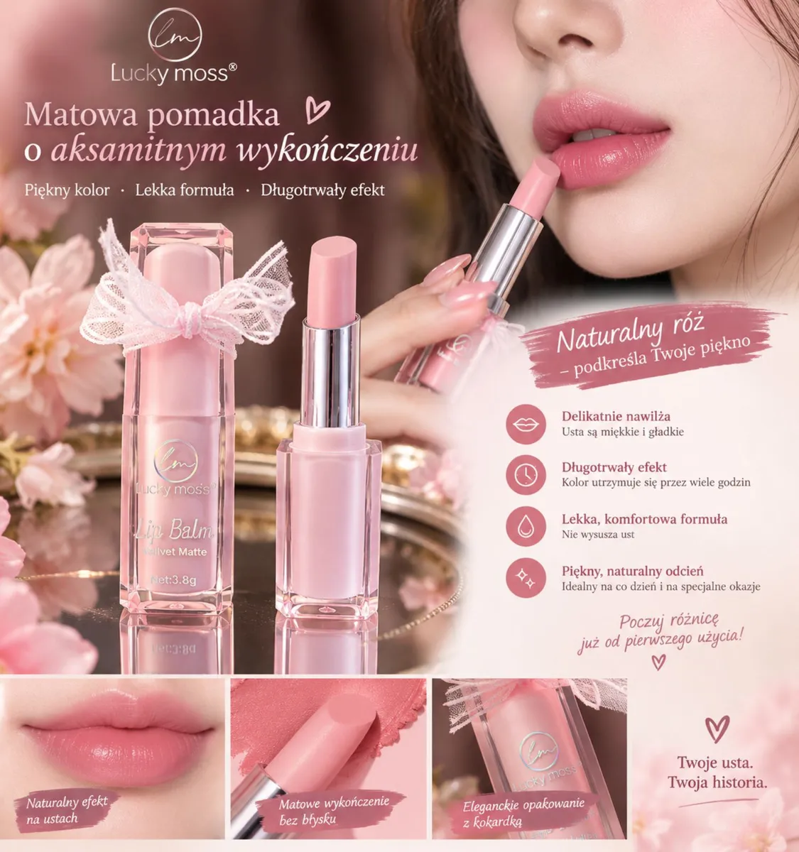 Matowa pomadka w naturalnym różowym kolorze z przezroczystym opakowaniem i kokardką