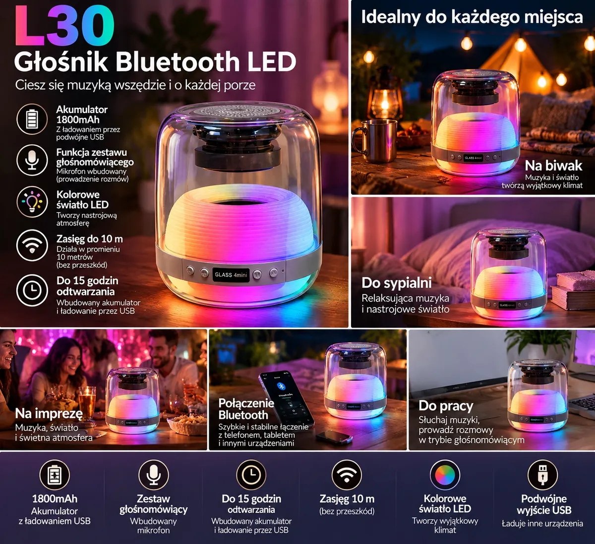 Przezroczysty głośnik Bluetooth LED L30 z kolorowym światłem na drewnianym stole i w różnych scenach użytkowania