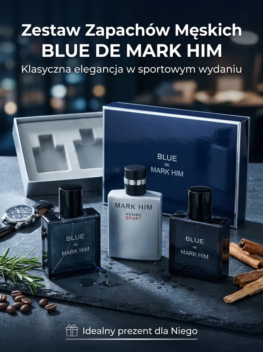 Zestaw trzech męskich perfum Blue de Mark Him i Mark Him Homme Sport w granatowo-srebrnym opakowaniu