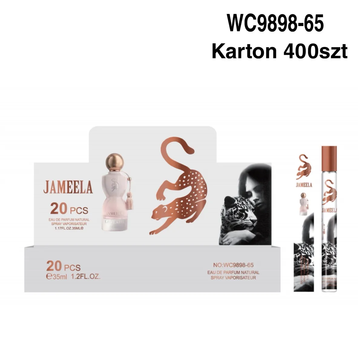 Opakowanie perfumetek Jameela 35ml z grafiką pantery i kobiety, 20 sztuk w kartonie