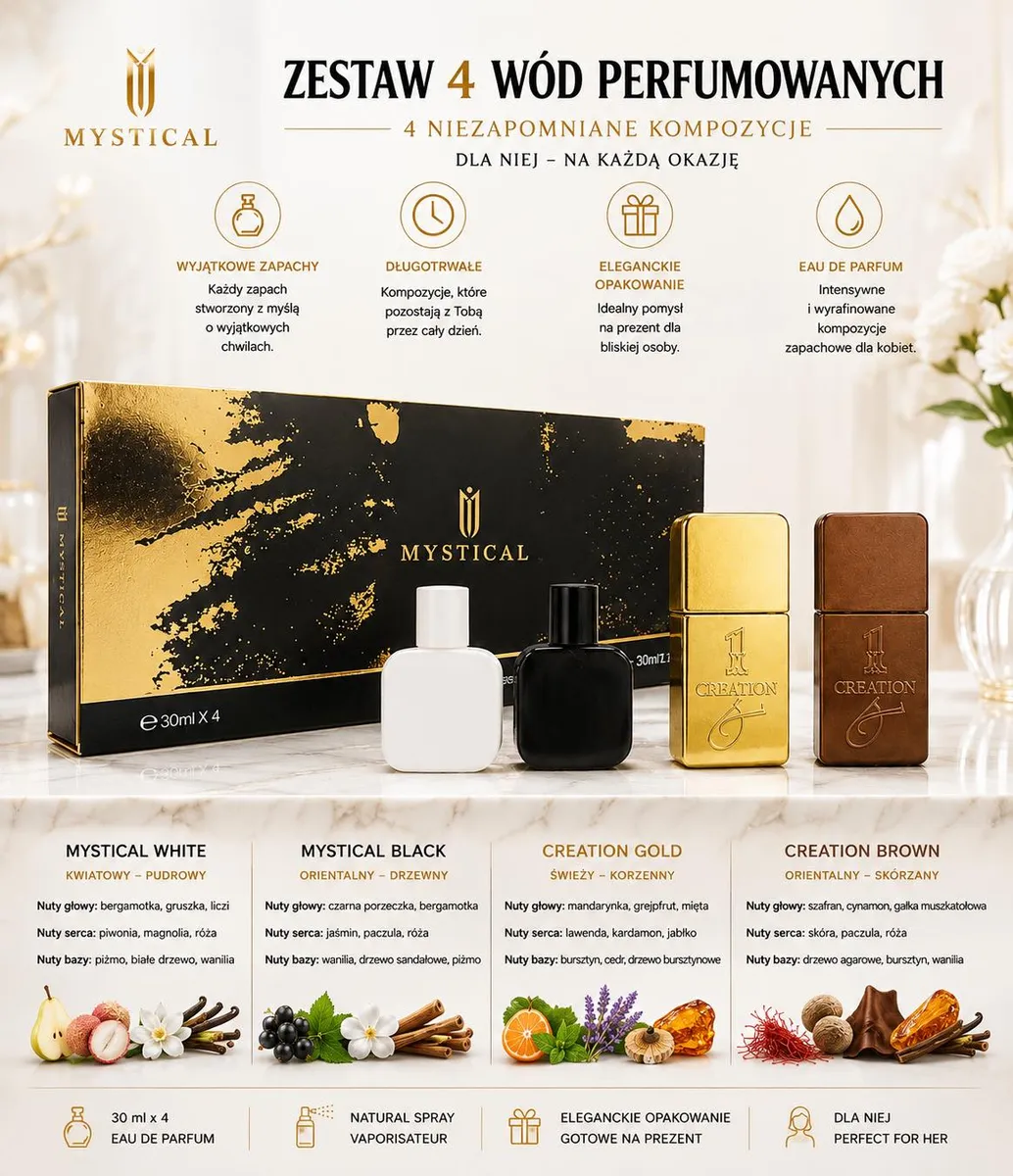 Zestaw 4 perfum Mystical w eleganckim czarno-złotym opakowaniu z butelkami białą, czarną, złotą i brązową