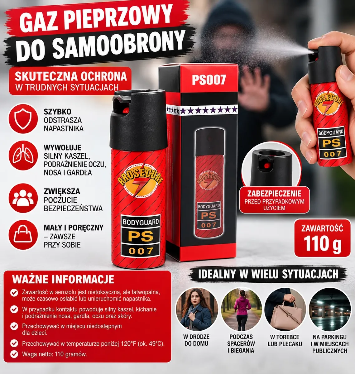Czerwono-czarny gaz pieprzowy Prosecure 7 Bodyguard PS007 z zabezpieczeniem i opakowaniem