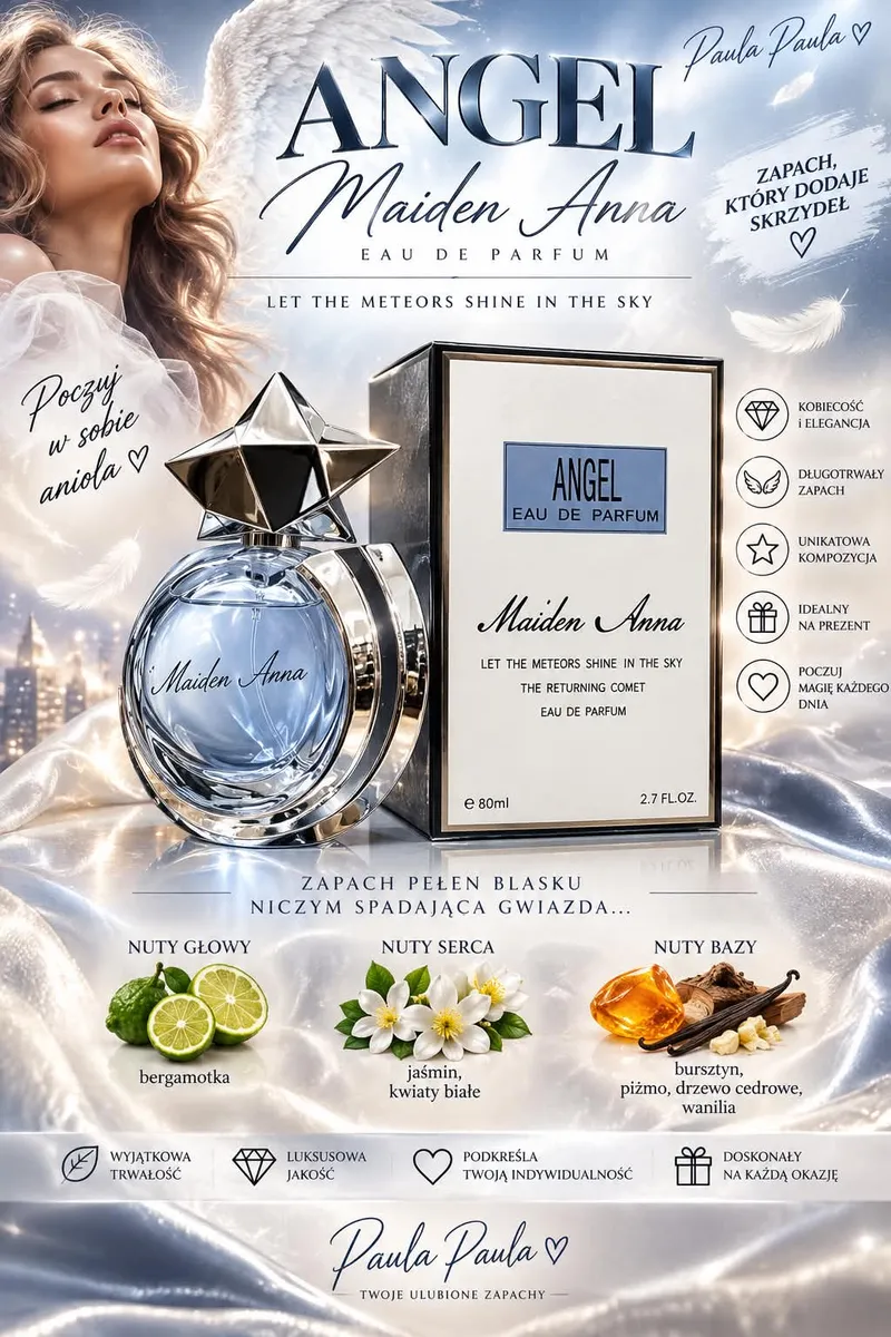 Flakon perfum Angel Maiden Anna z niebieskim płynem i srebrną gwiazdą, obok pudełko z napisem