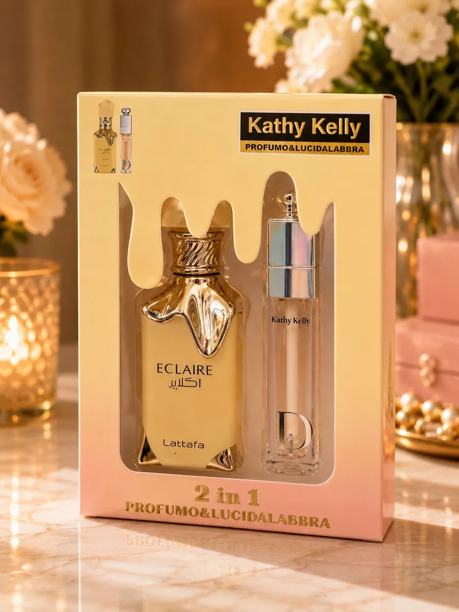 Złoto-kremowy zestaw prezentowy perfum Eclaire i balsamu do ust Kathy Kelly w eleganckim opakowaniu