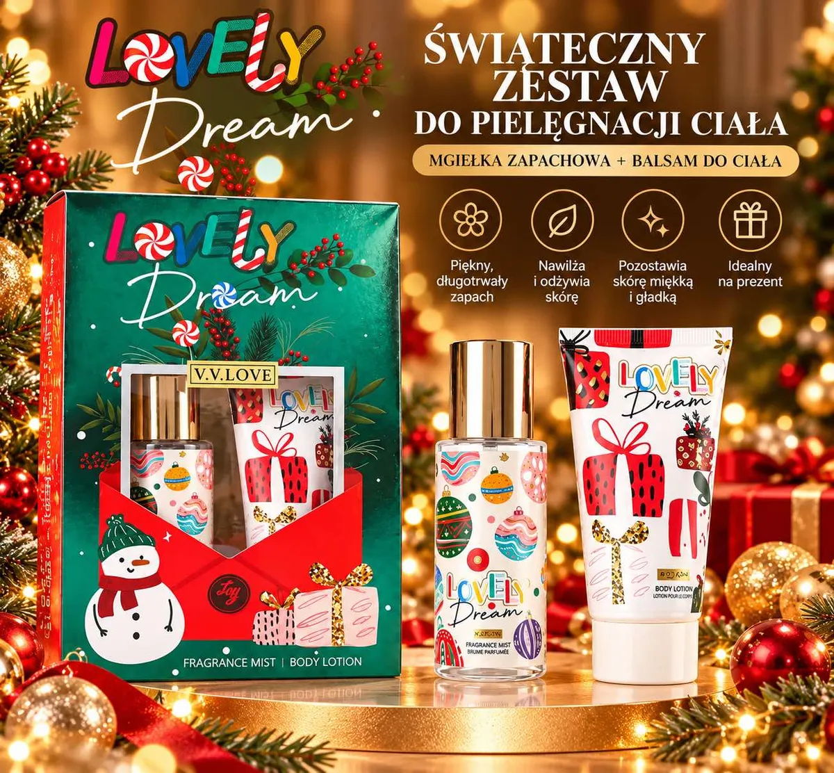 Świąteczny zestaw Lovely Dream z mgiełką zapachową i balsamem do ciała w ozdobnym opakowaniu