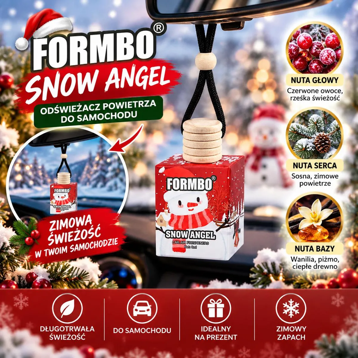 Odświeżacz powietrza snow angel w czerwonym opakowaniu z bałwankiem zawieszony w samochodzie