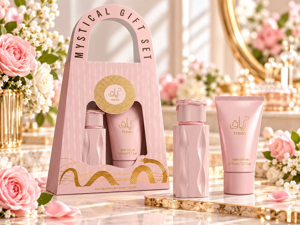 Zestaw prezentowy TERIAQ w różowym opakowaniu z perfumami 30ml i balsamem do ciała 60ml