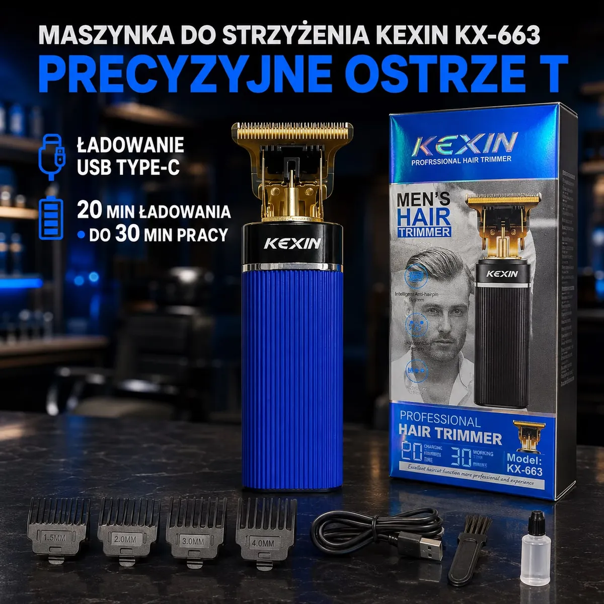 Granatowa maszynka do strzyżenia KEXIN KX-663 z złotym ostrzem T, nasadki, kabel USB i olejek