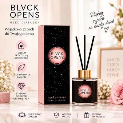Perfumy z patyczkami BLVCK OPENS w czarnym flakonie z różowym akcentem i opakowaniem