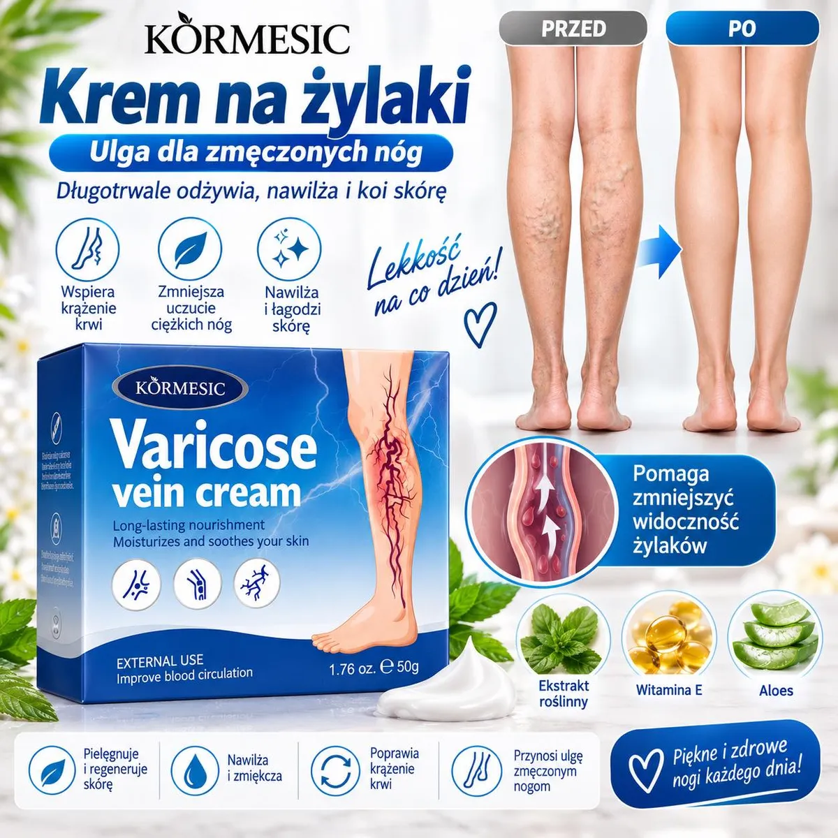 Opakowanie kremu Körmesic na żylaki 50g z ilustracją nóg przed i po zastosowaniu kremu