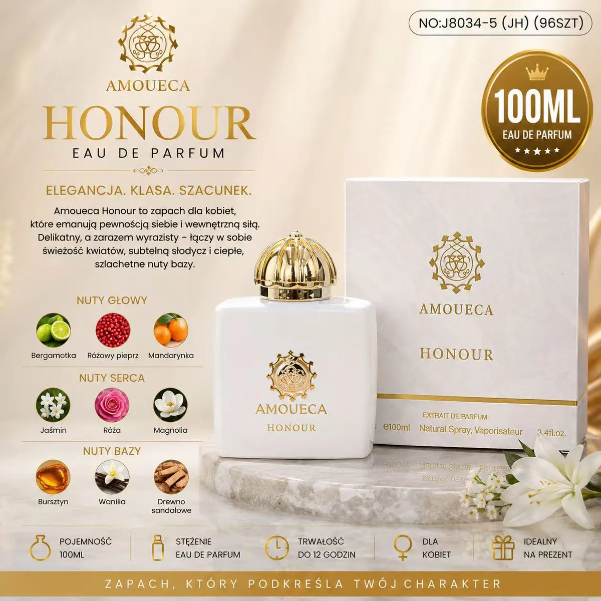 Biały flakon perfum Amoueca Honour z złotą nakrętką i pudełko na marmurowym tle