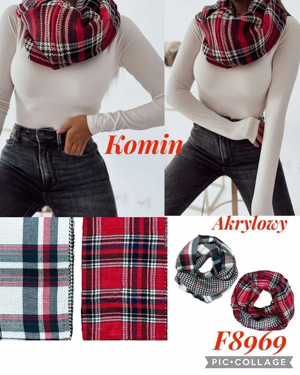 Damski komin akrylowy w kratę czerwono-czarną na modelce, dwa warianty kolorystyczne