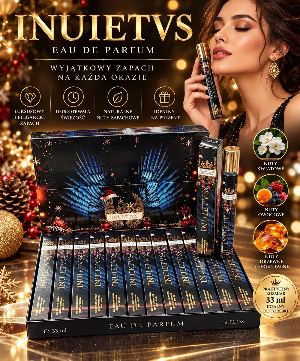 Perfumetki inuietvs 33 ml w granatowo-złotym opakowaniu z motywem skrzydeł, prezentowane w pudełku zbiorczym