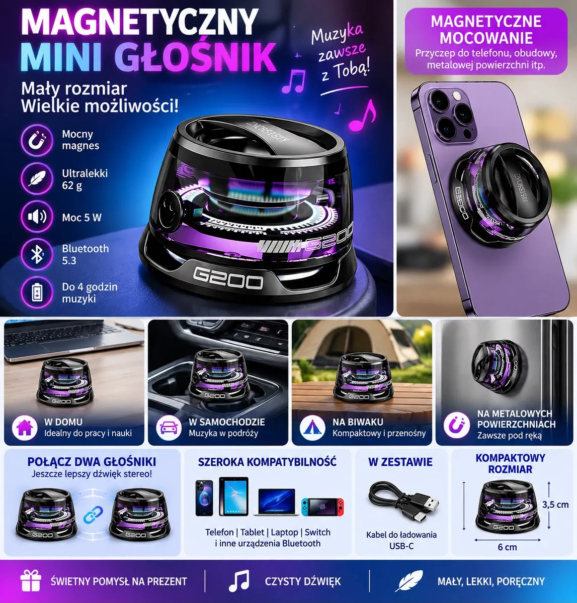 Czarny mini głośnik Bluetooth G200 z fioletowymi LED, magnetycznie przymocowany do fioletowego telefonu