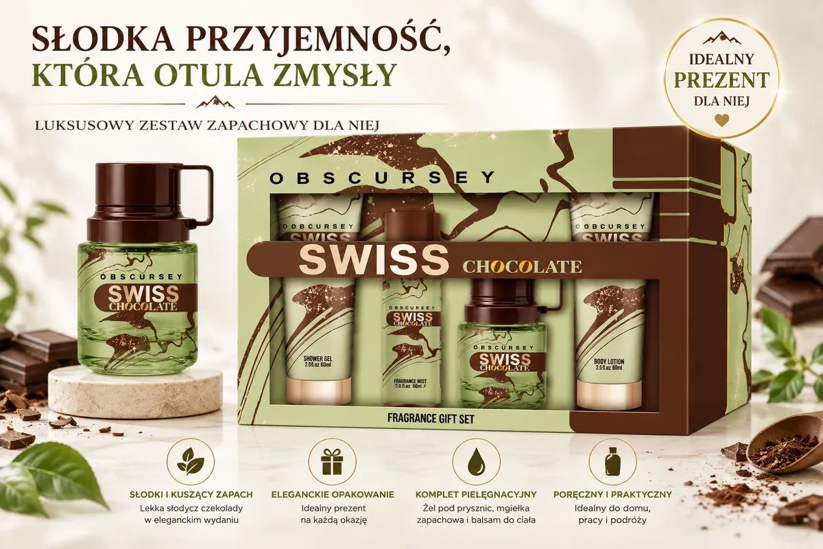 Zielono-brązowy zestaw prezentowy Obscursey Swiss Chocolate z żelem, balsamem, mgiełką i perfumami