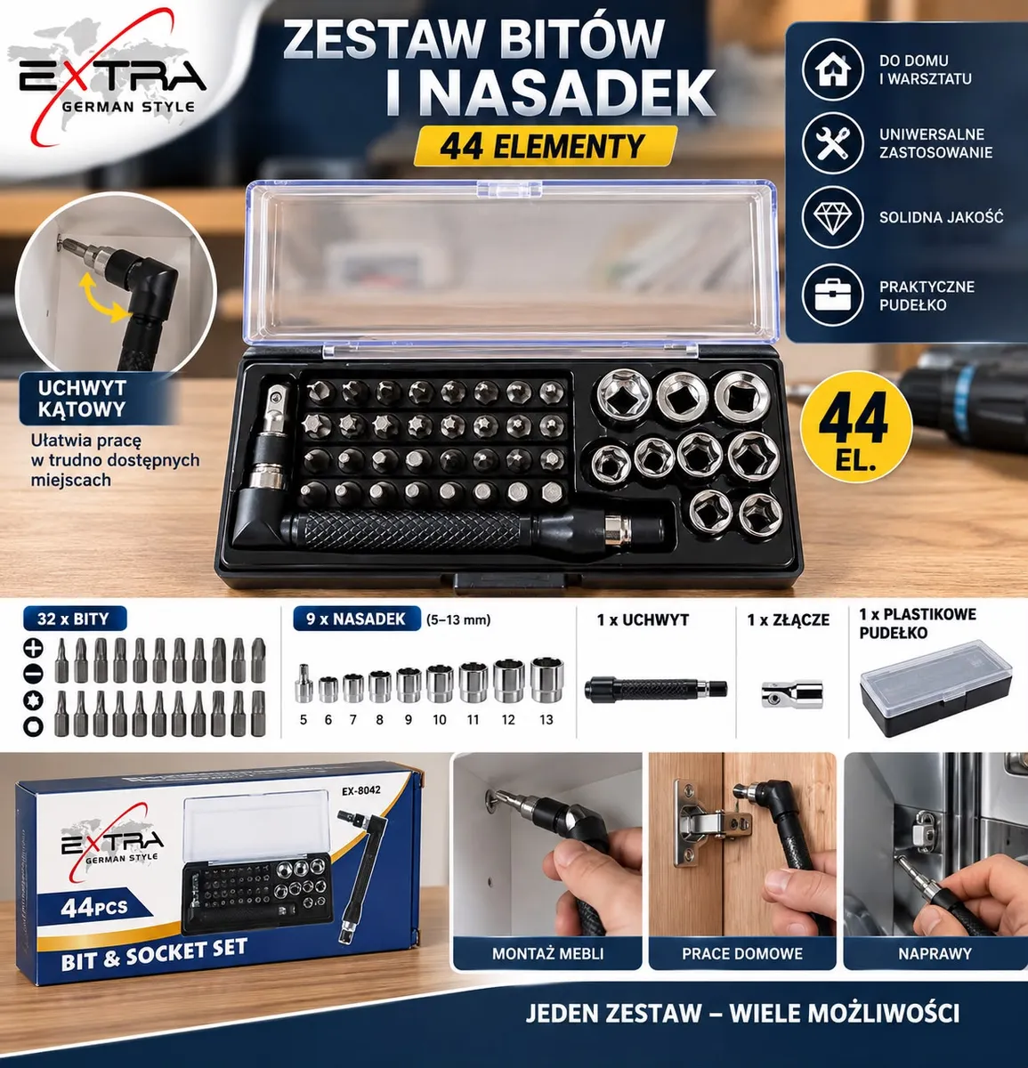 Zestaw 44 elementów bitów i nasadek w plastikowym pudełku z uchwytem kątowym i metalicznym wykończeniem