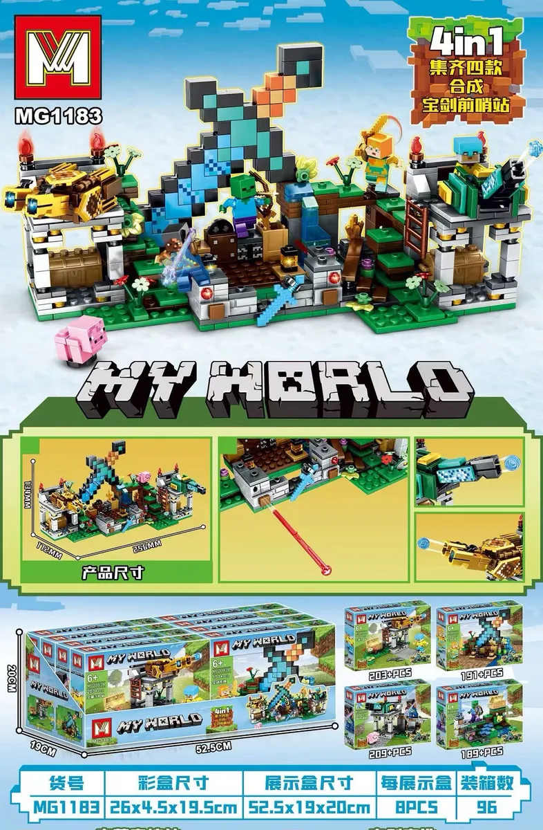 Zestaw klocków my herlo 4w1 z figurkami, bronią i elementami pixel art w kolorach zielonym, niebieskim i szarym