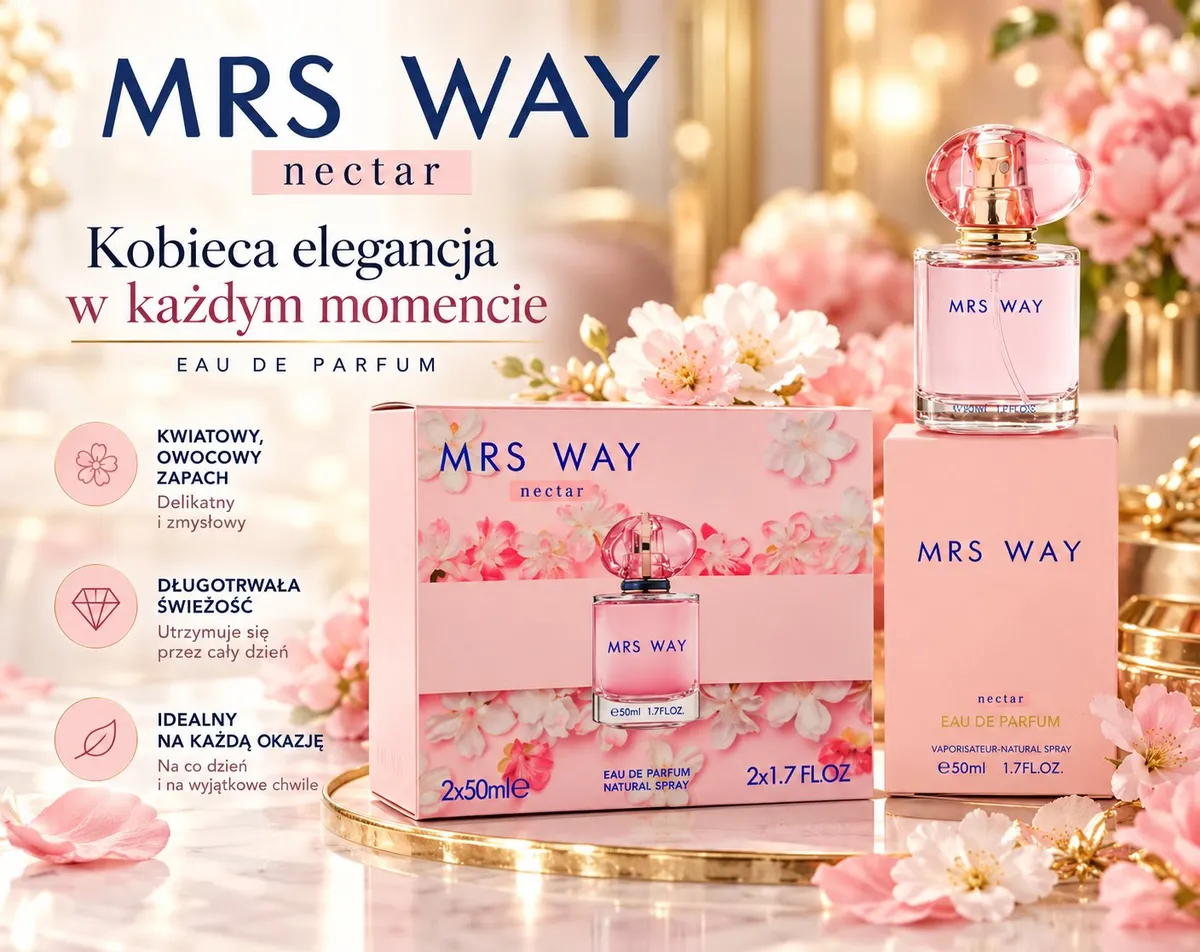 Zestaw perfum Mrs Way Nectar 2 x 50 ml w różowym opakowaniu z kwiatowym motywem