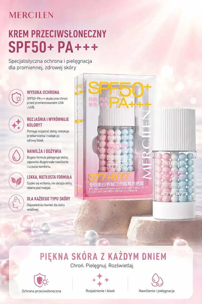 Opakowanie kremu przeciwsłonecznego MERCILEN SPF50+ PA+++ z trójkolorowymi perełkami
