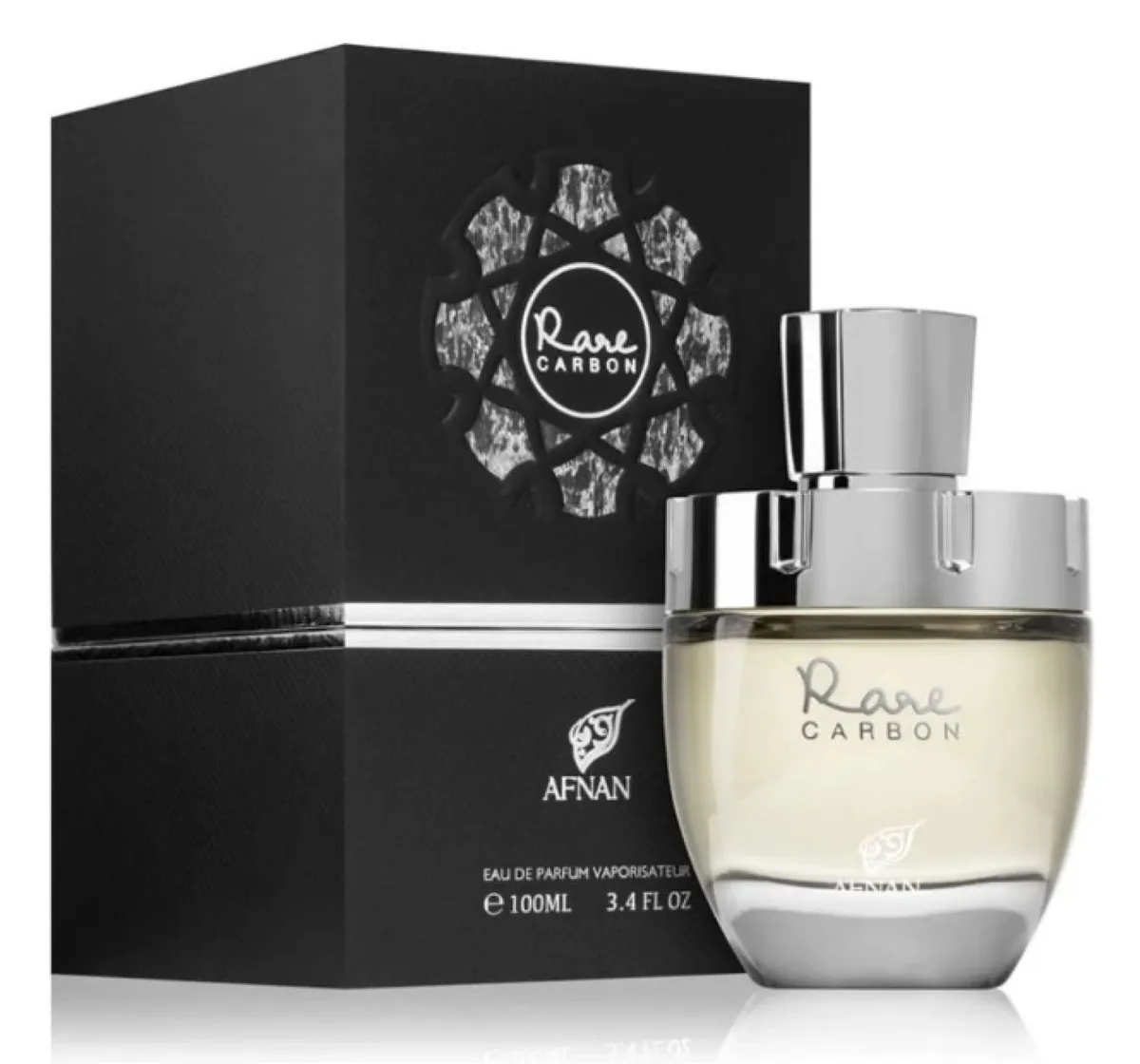 Butelka perfum Rare Carbon 100ml z metaliczną srebrną nakrętką i czarne opakowanie z wyciętym wzorem