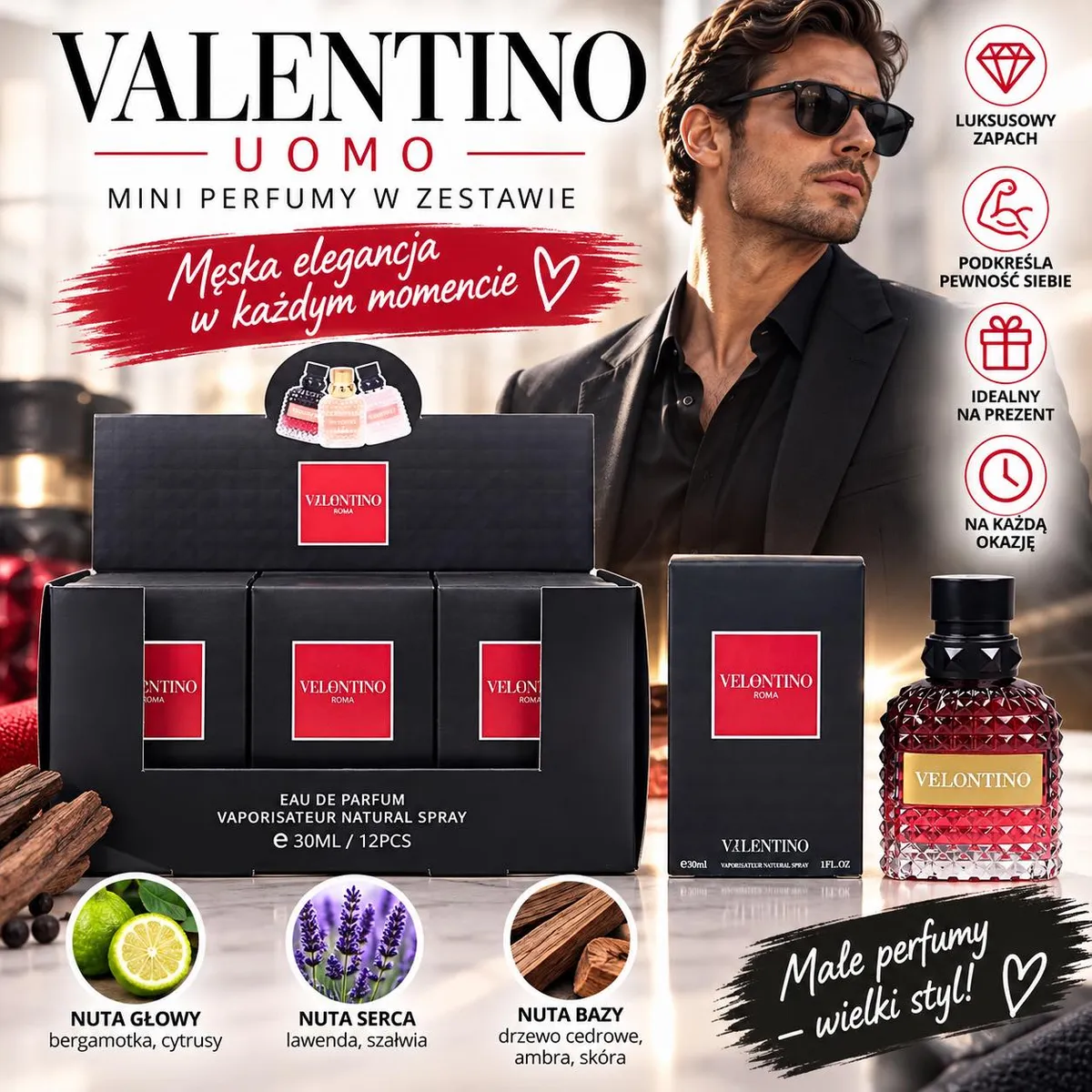 Zestaw mini perfum męskich Velontino 30ml w czarnym opakowaniu z czerwonym logo i flakonem o gradientowym czerwono-czarnym ko