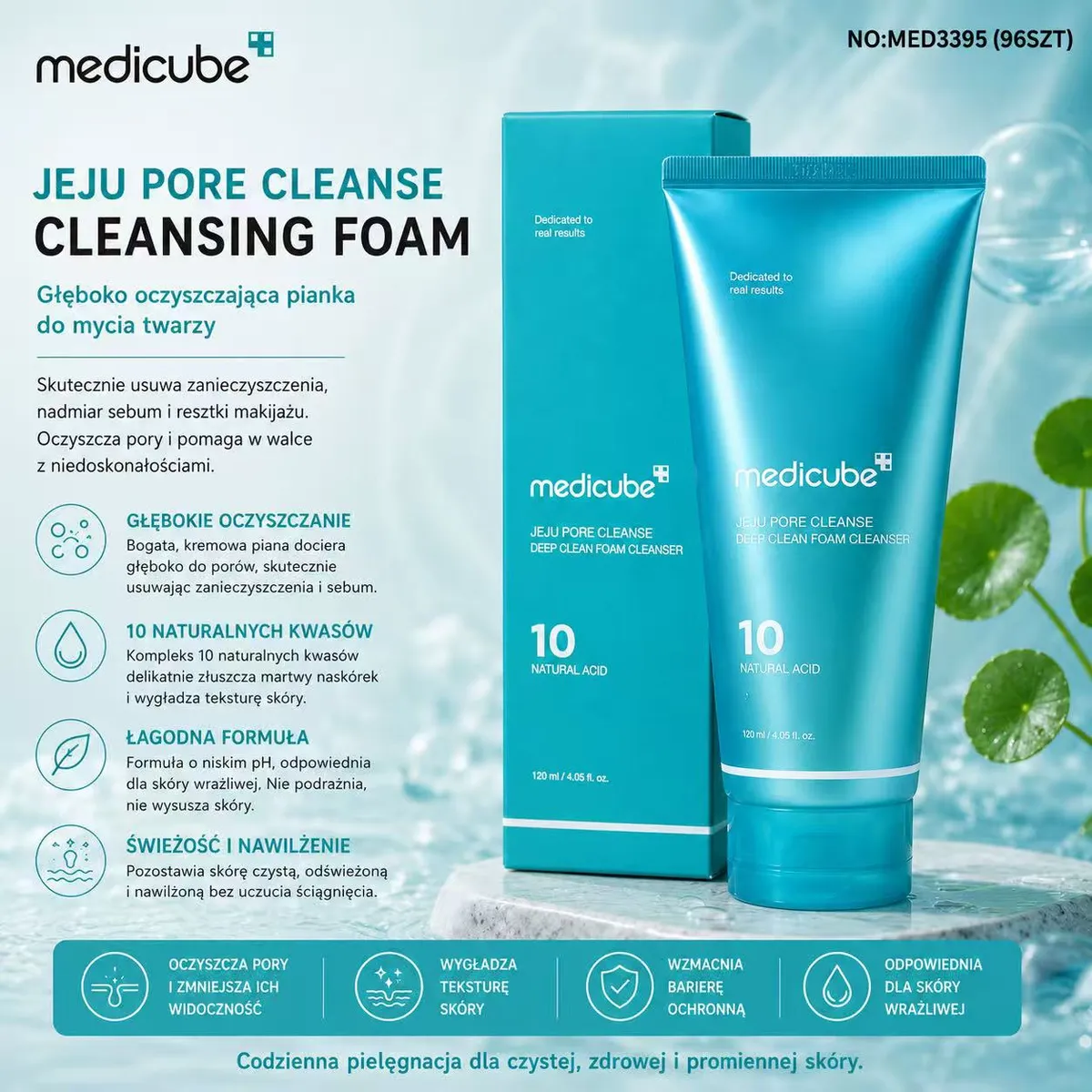 Turkusowa tubka i pudełko pianki do mycia twarzy Medicube Jeju Pore Cleanse 120 ml na tle zielonych liści