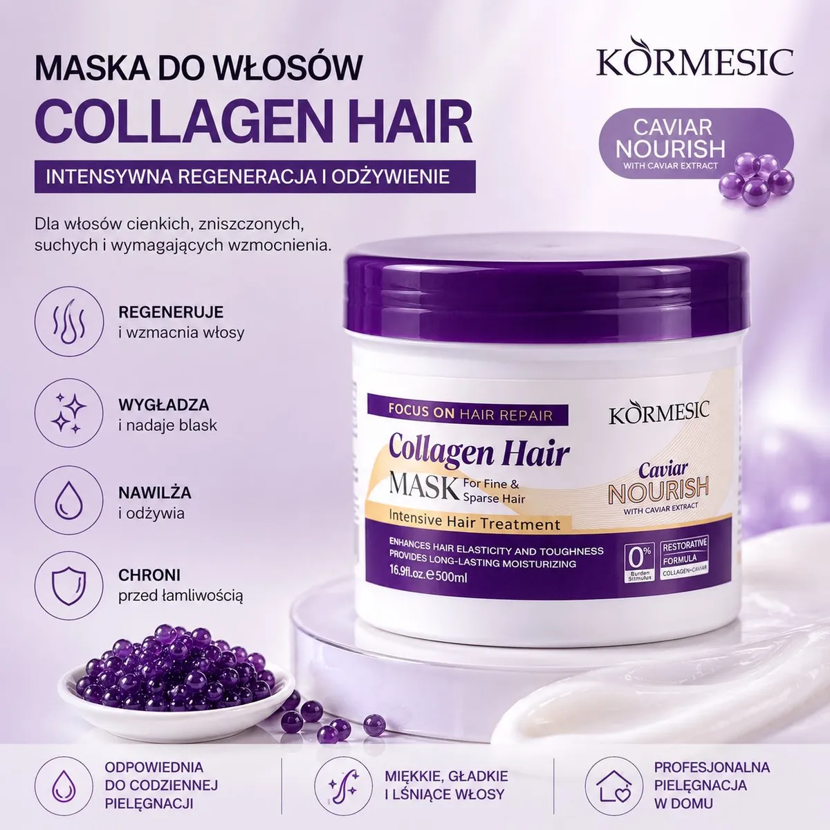 Biały słoik maski do włosów KORMESIC Collagen Hair z fioletową zakrętką i opisem produktu