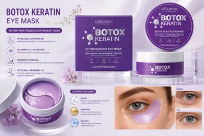 Fioletowy słoiczek Botox Keratin Eye Mask z kremem do pielęgnacji okolic oczu, zdjęcia przed i po