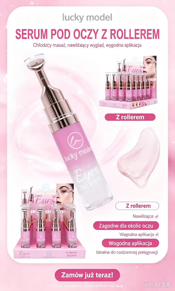 Serum pod oczy z różowo-białą butelką i metalicznym rollerem do masażu skóry wokół oczu