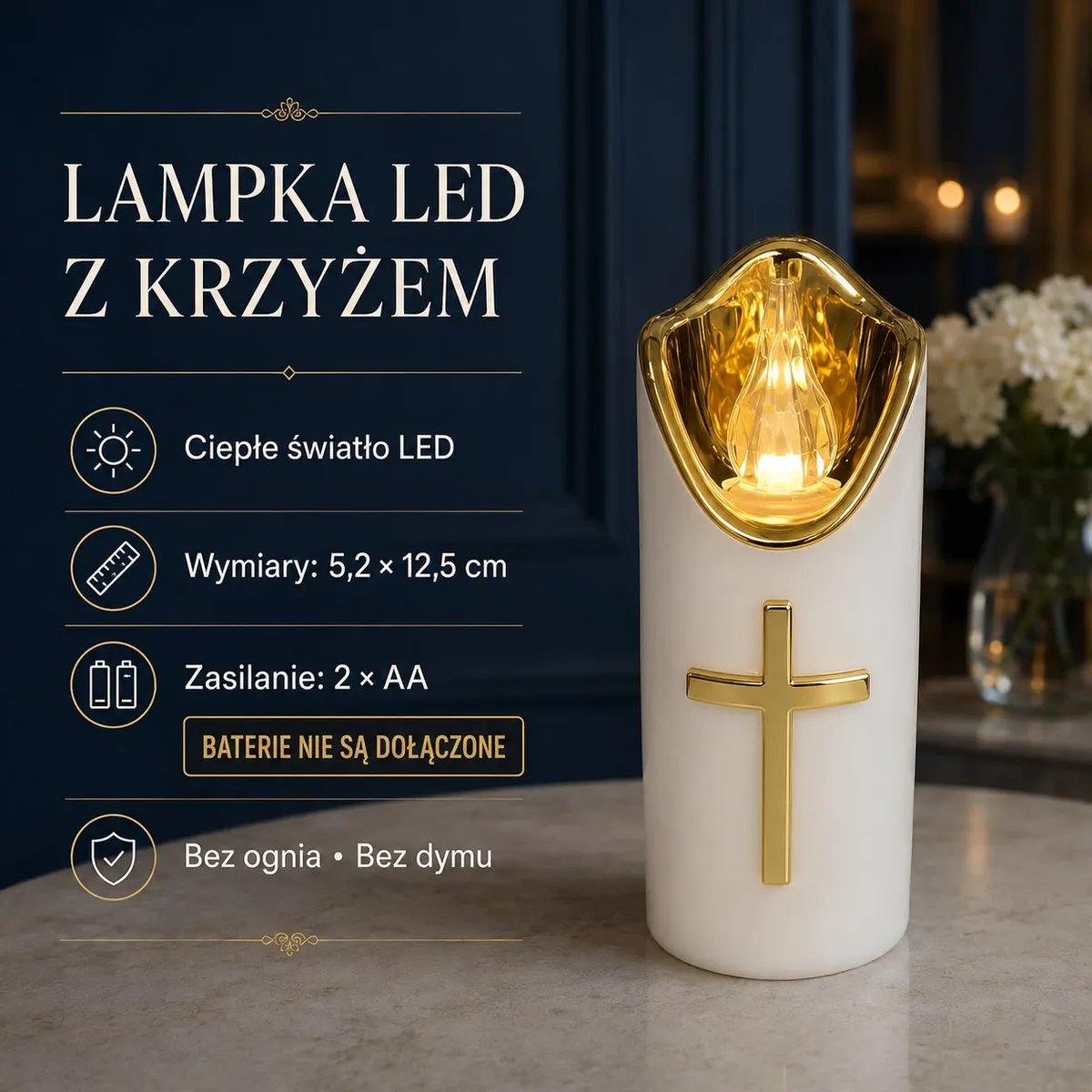 biały znicz elektroniczny LED z złotym krzyżem i ciepłym światłem, 12,5 cm