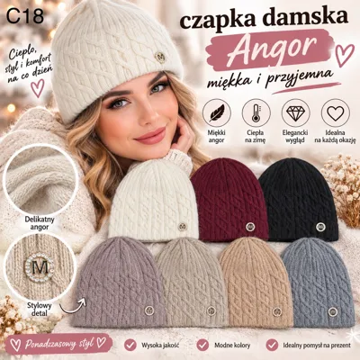 Zestaw damskich czapek angora w kolorach beżowym, bordowym, czarnym, szarym i kremowym z ozdobnym detalem