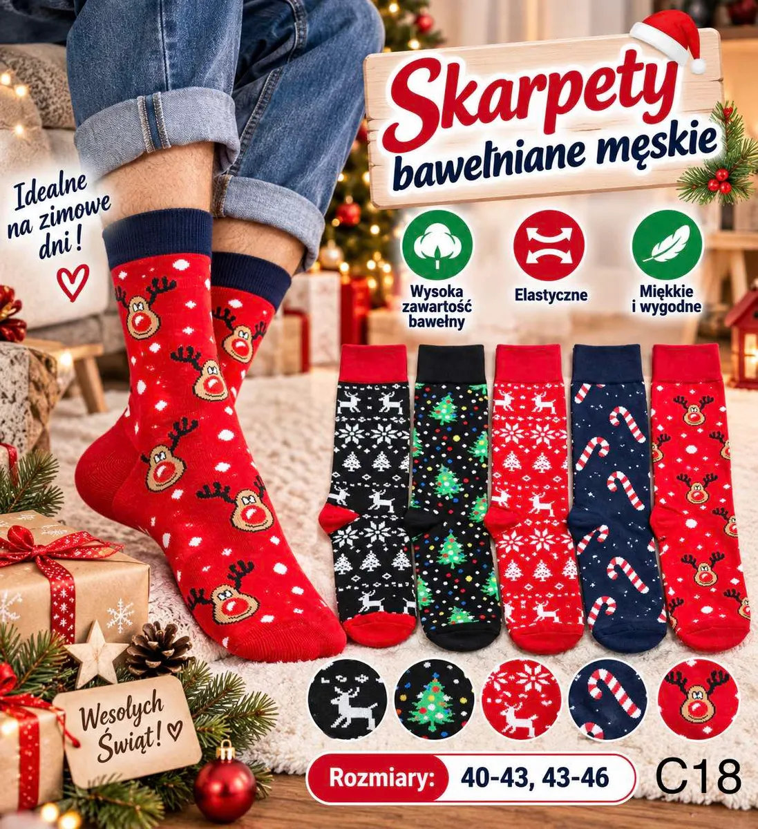 Męskie skarpety bawełniane w świąteczne wzory: renifery, choinki, cukierki, w rozmiarach 40-46.