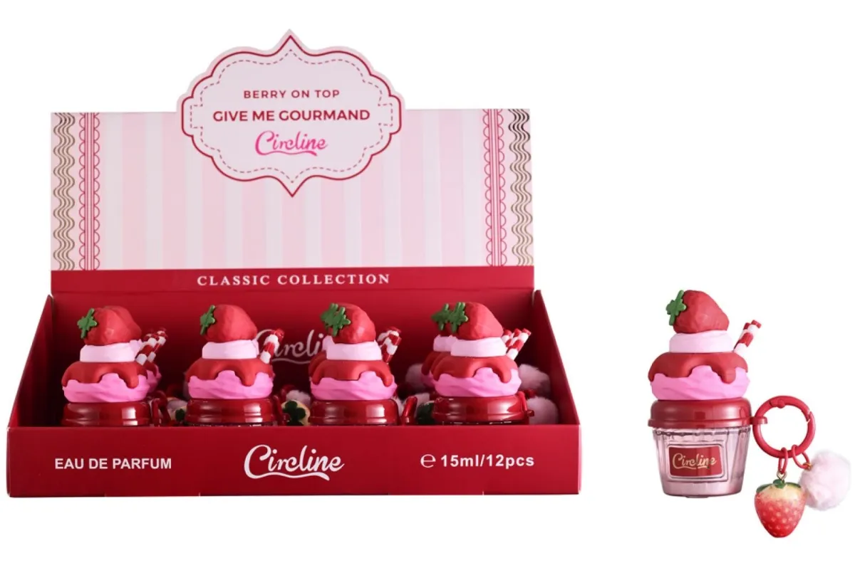 Perfum Circline 15 ml z ozdobą truskawki i różowo-czerwonym korkiem w opakowaniu zbiorczym 12 sztuk