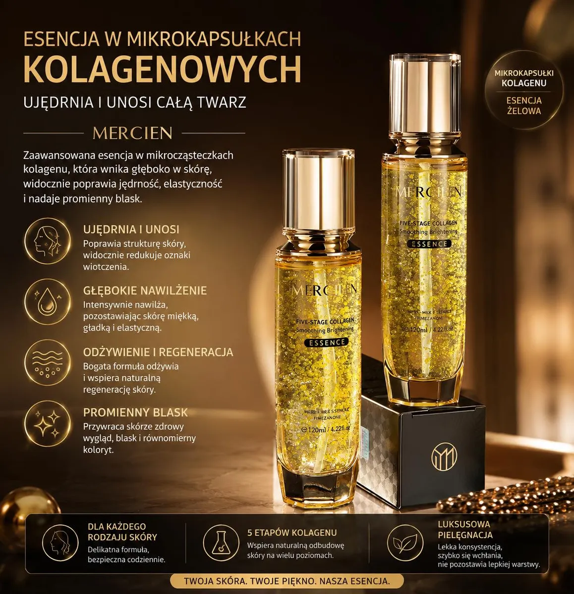 Butelka esencji kolagenowej Mercien 120 ml z mikrokapsułkami w żelowej formule na złotym tle