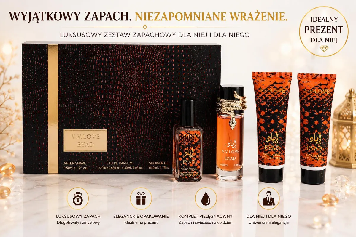 Zestaw prezentowy V.V.LOVE EYAD z czarno-pomarańczowym opakowaniem i trzema kosmetykami