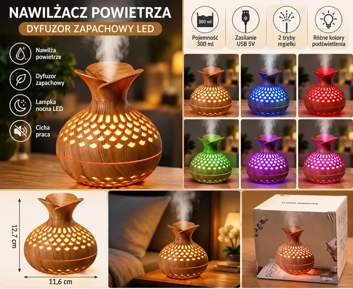 Nawilżacz powietrza LED 300 ml z podświetleniem w kształcie wazonu imitującego drewno