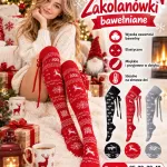 Zakolanówki bawełniane damskie czerwone z motywem świątecznym