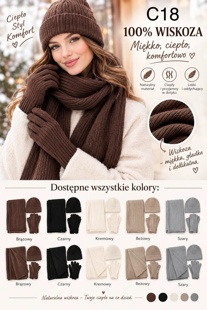 Komplet brązowy czapka, szalik i rękawiczki z prążkowanej wiskozy na modelce