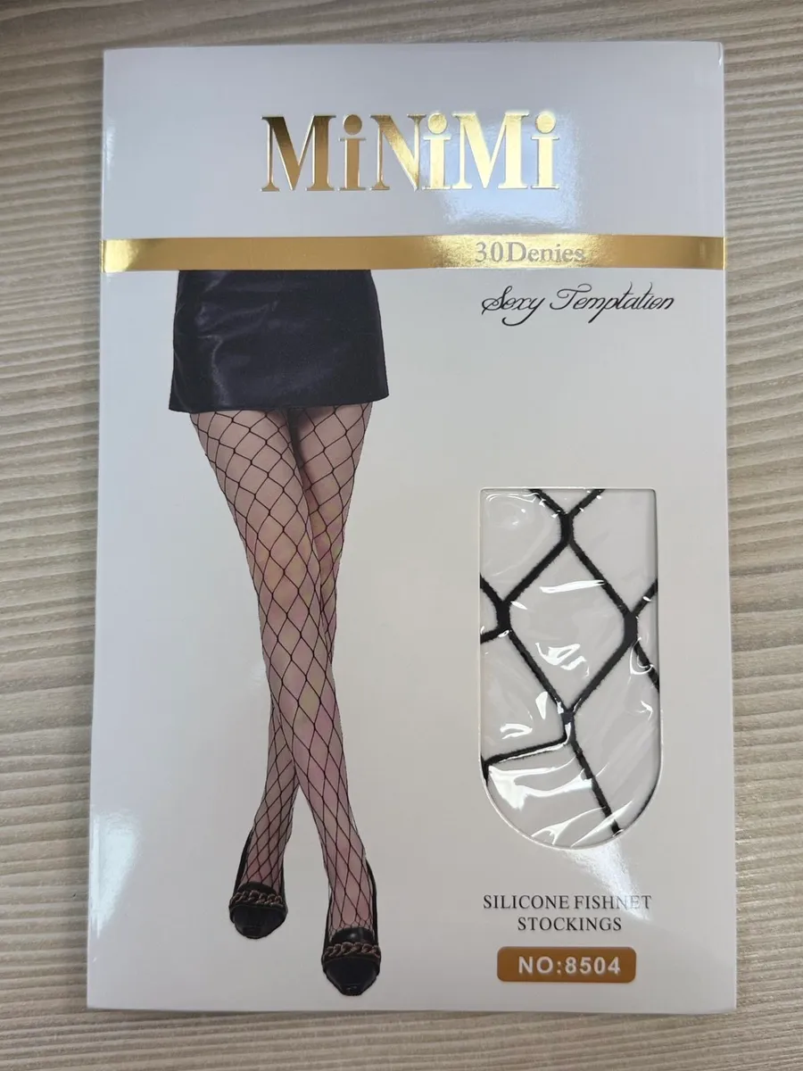 Opakowanie pończoch Minimi czarna kabaretka 30 den z silikonową siatką i grafiką modelki